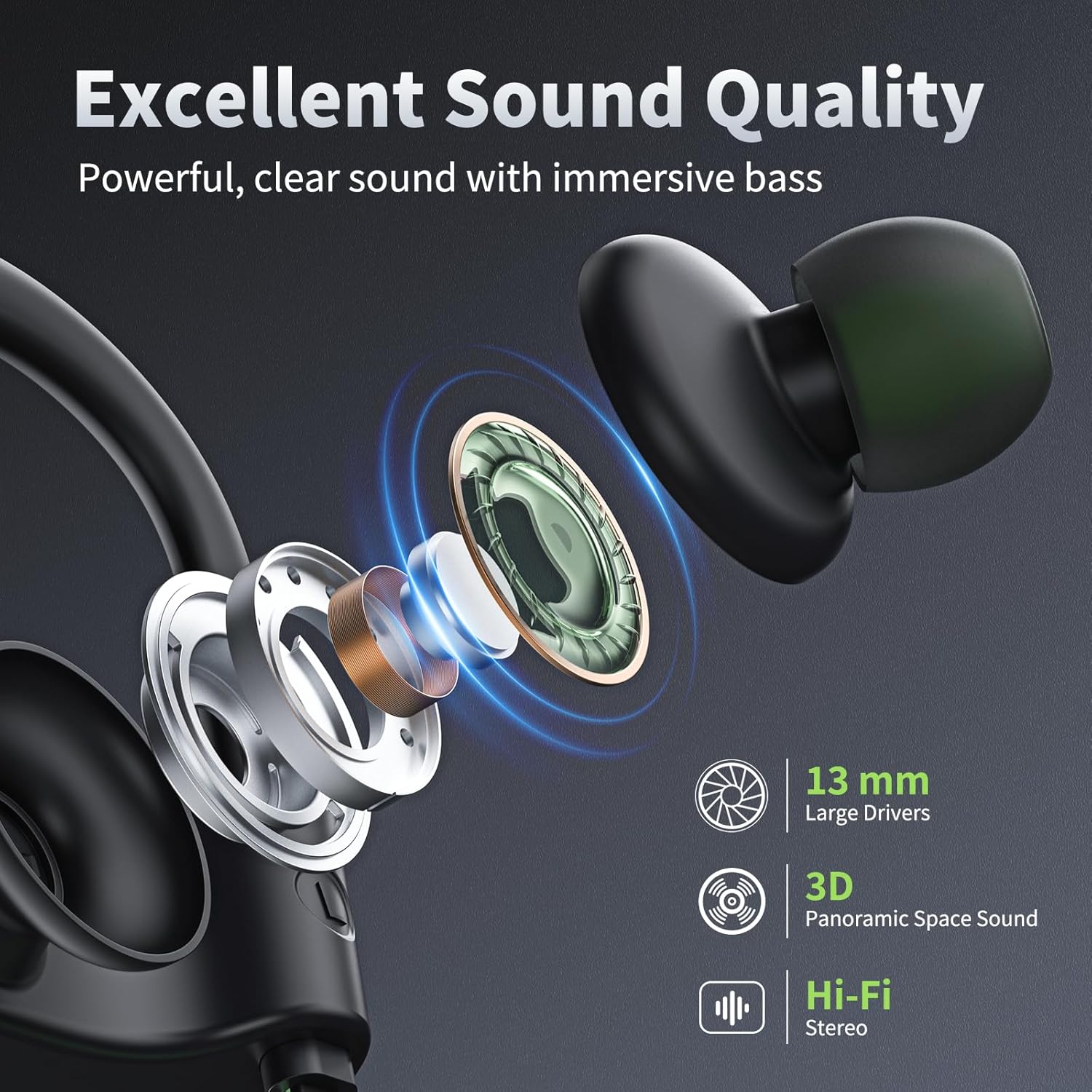 JOYWISE Bluetooth Headphones, Wireless Earbuds IPX7 Waterproof for Gym | Bluetooth 5.3 Headphones with 16Hrs Playtime Stereo Bass Headsets with Mic Running Headsets with Earhooks for Sports Running - Image 5